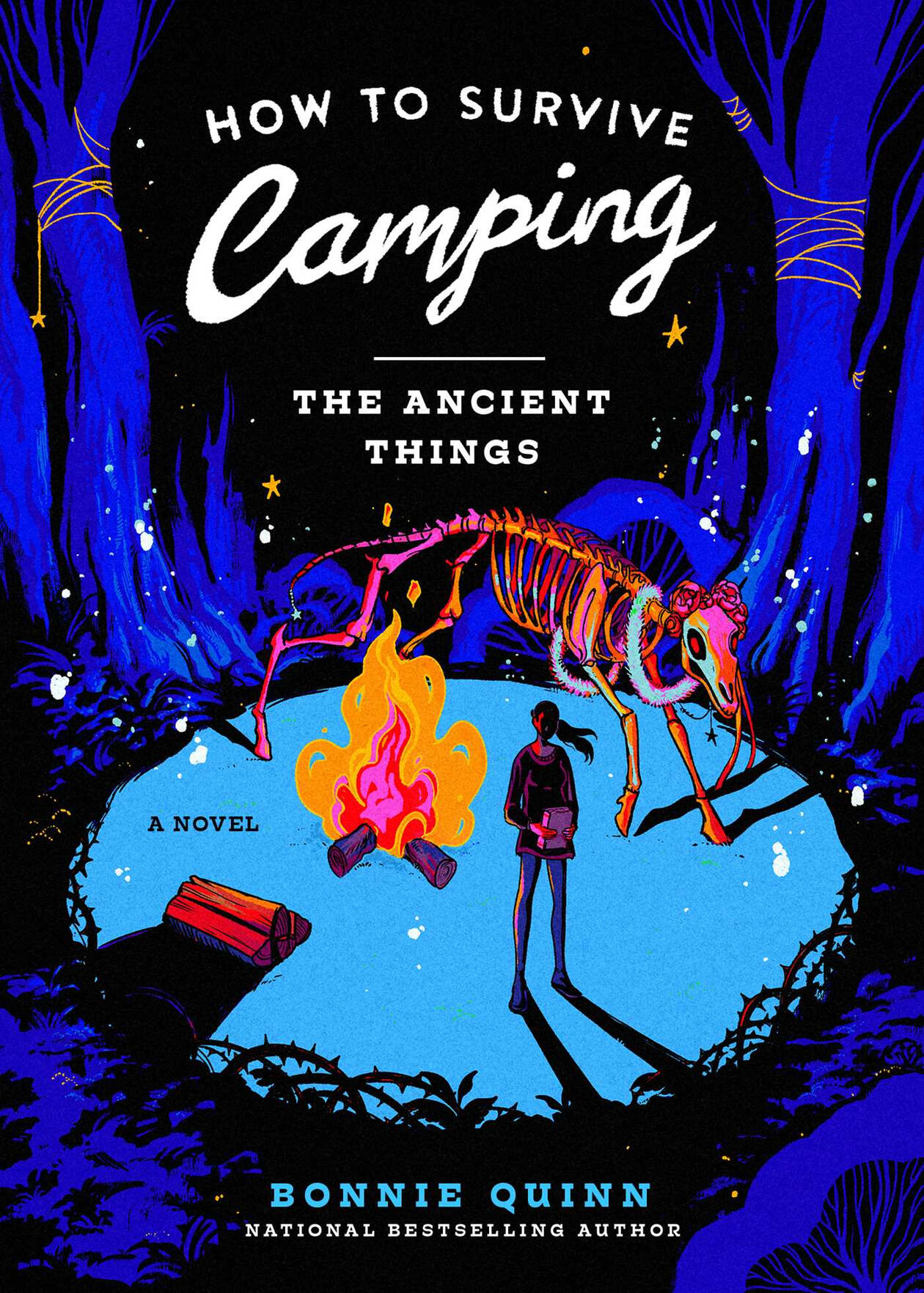 A cover of a book titled How to Survive Camping: The Ancient Things. A woman stands in front of a fire, with a skeletal horse behind her.